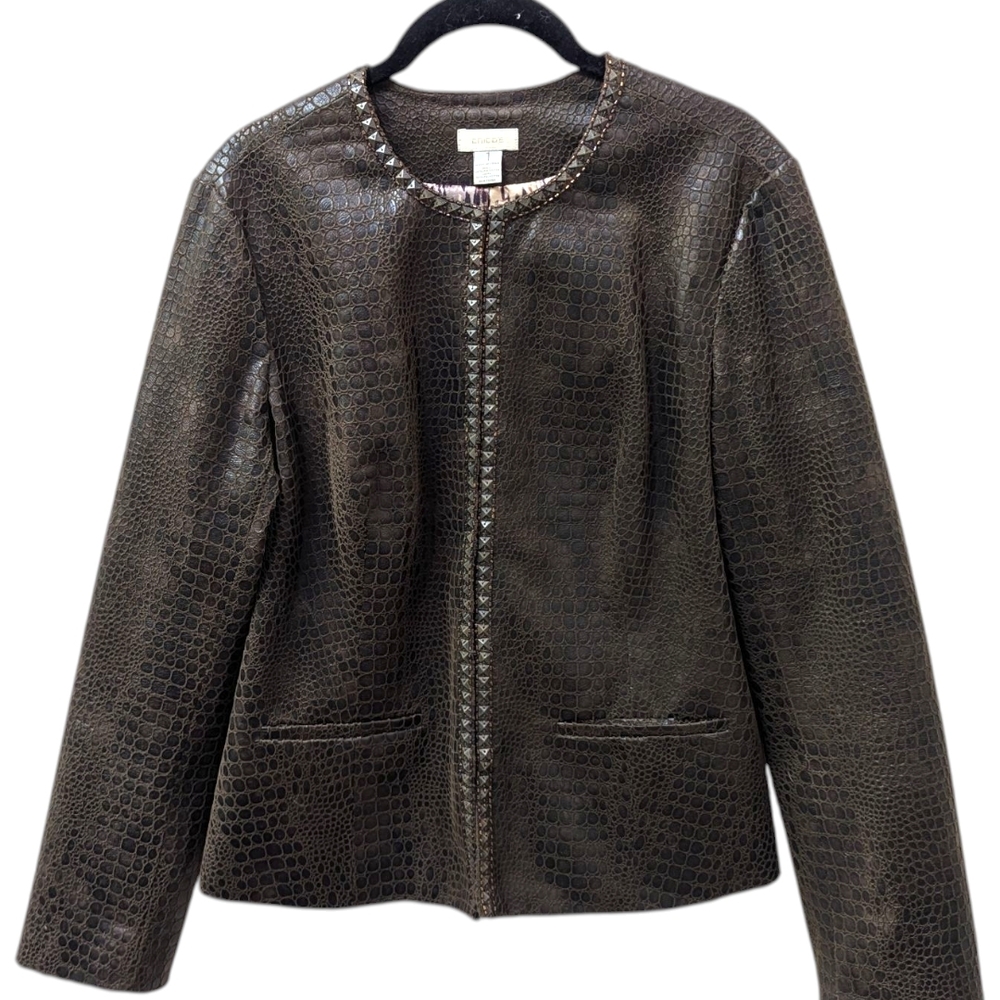 Chico's Faux Alligator Textured Dark Brown Beaded Jacket (M)
